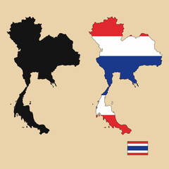 Vector of Thailand country outline map with flag set isolated on plain background. Silhouette of country map can be used for template, report, and infographic.
