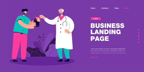 Male cartoon patient receiving medication from elderly doctor. Medical professional giving pills to man flat vector illustration. Medicine, health concept for banner, website design or landing page