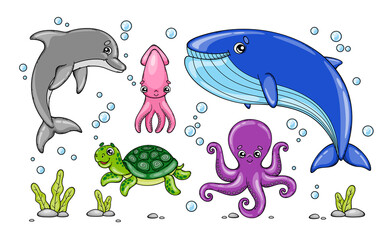 Cartoon sea animals. Vector illustration in childish style on a marine theme.