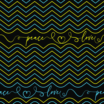 Seamless repeat vector pattern. Zig zag pattern with peace and love doodles in Ukranian colors.