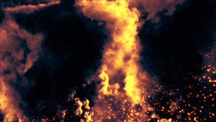 Dark black and orange war or battle actions backdrop with smoke and flames - abstract 3D rendering