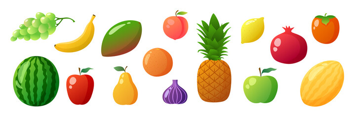 Set of fruit illustrations: grapes, watermelon, apples, peer, pomegranate, pineapple, persimmon, peach, melon, mango, banana, lemon, figs. Vector realistic illustration