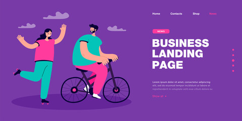 Husband riding bicycle looking at wife on roller skates. Woman roller skating and man on bike flat vector illustration. Leisure, outdoor activity concept for banner, website design or landing web page
