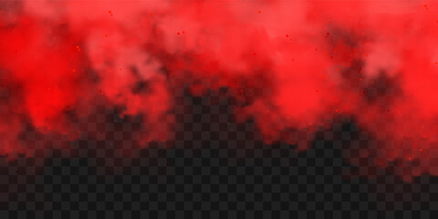 Realistic red colorful smoke clouds, mist effect. Fog isolated on transparent background. Vapor in air, steam flow. Vector illustration. - obrazy, fototapety, plakaty