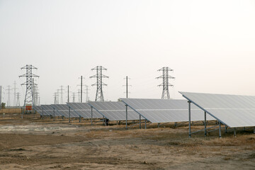 Solar panels and blue sky. Solar panel system of electric generators from the sun. Clean technologies for a better future