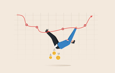 Financial Volatility, financial crisis, stock market. Falling Red Arrow Chart. The business man was wrapped his body tightly by the red arrow that fall down from the chart of stock market. - obrazy, fototapety, plakaty