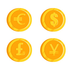 Set of gold coins of the world. Euro, dollar, pound, yen. Vector illustration.