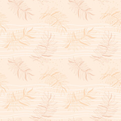 Tropical seamless  beige pattern with palm leaves. Exotic plant on stripes.