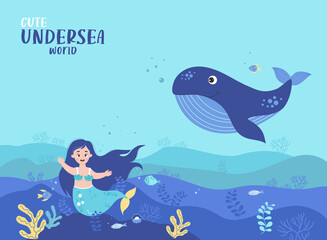 Cute little mermaid with big blue whale.Tropical poster with underwater world landscape, marine animals and plants. Seabed vector illustration for design, decor, postcards, print and decoration