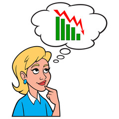 Girl thinking about Stock Market Loss - A cartoon illustration of a Girl thinking about Stock Market Loss.