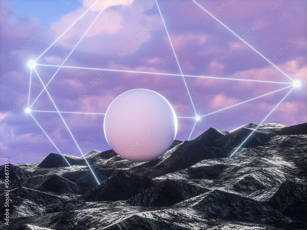 Poster futuristic technology 3d landscape background with geometric wireframe neon light. digital terrain c