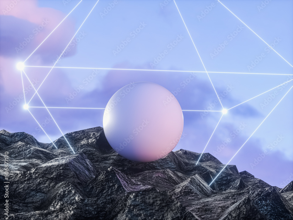 Poster futuristic technology 3d landscape background with geometric wireframe neon light. digital terrain c