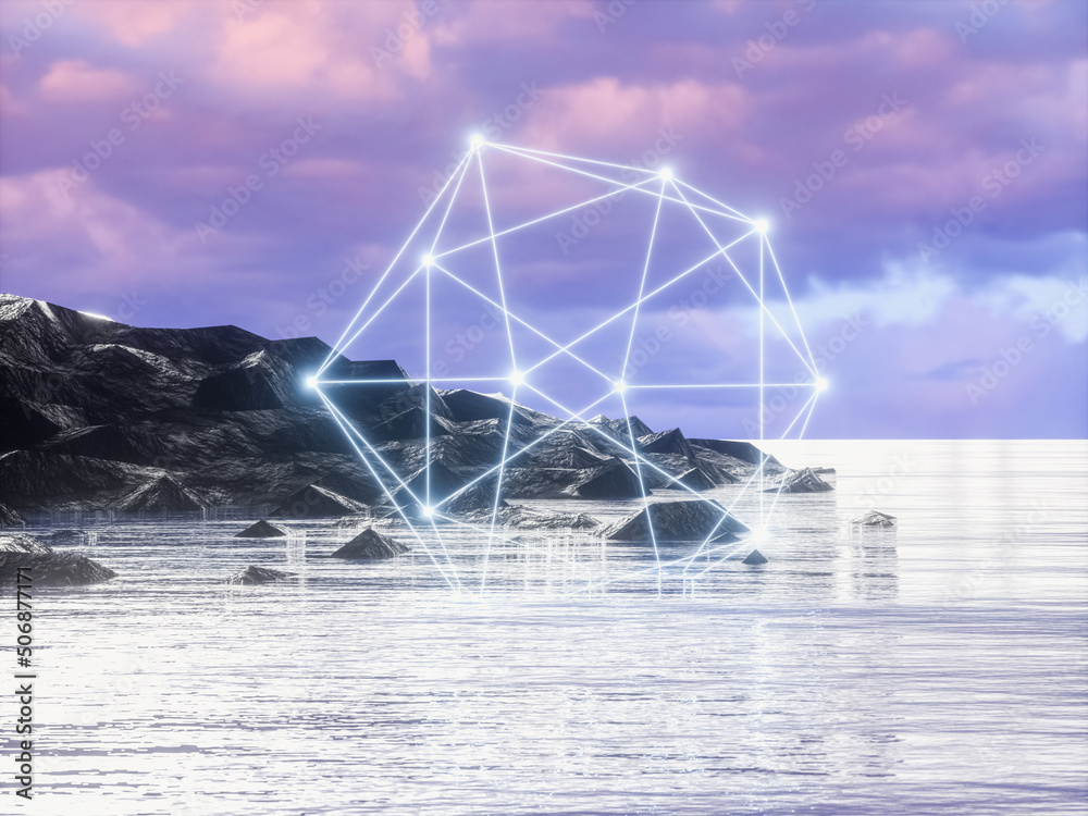 Poster futuristic technology 3d landscape background with geometric wireframe neon light. digital terrain c