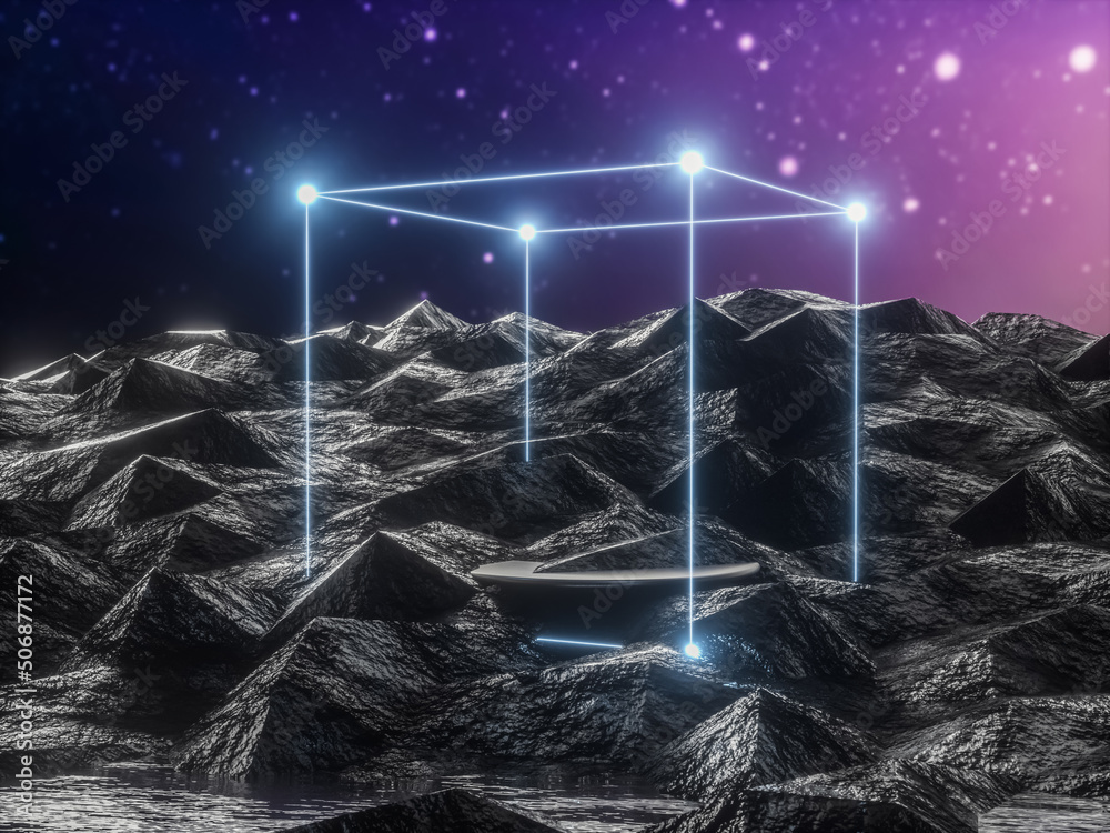 Poster futuristic technology 3d landscape background with geometric wireframe neon light. digital terrain c