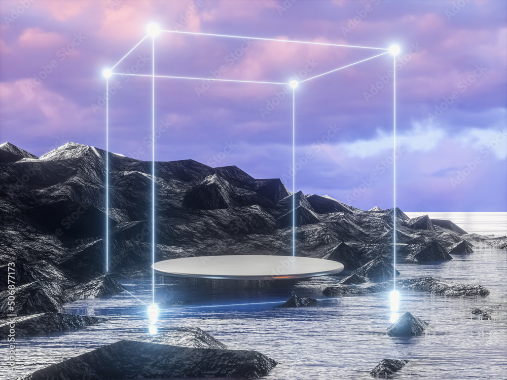 Poster futuristic technology 3d landscape background with geometric wireframe neon light. digital terrain c