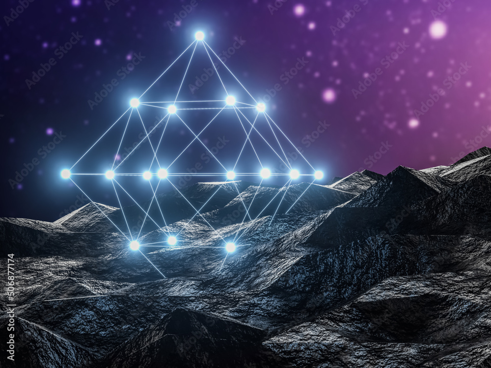 Poster futuristic technology 3d landscape background with geometric wireframe neon light. digital terrain c