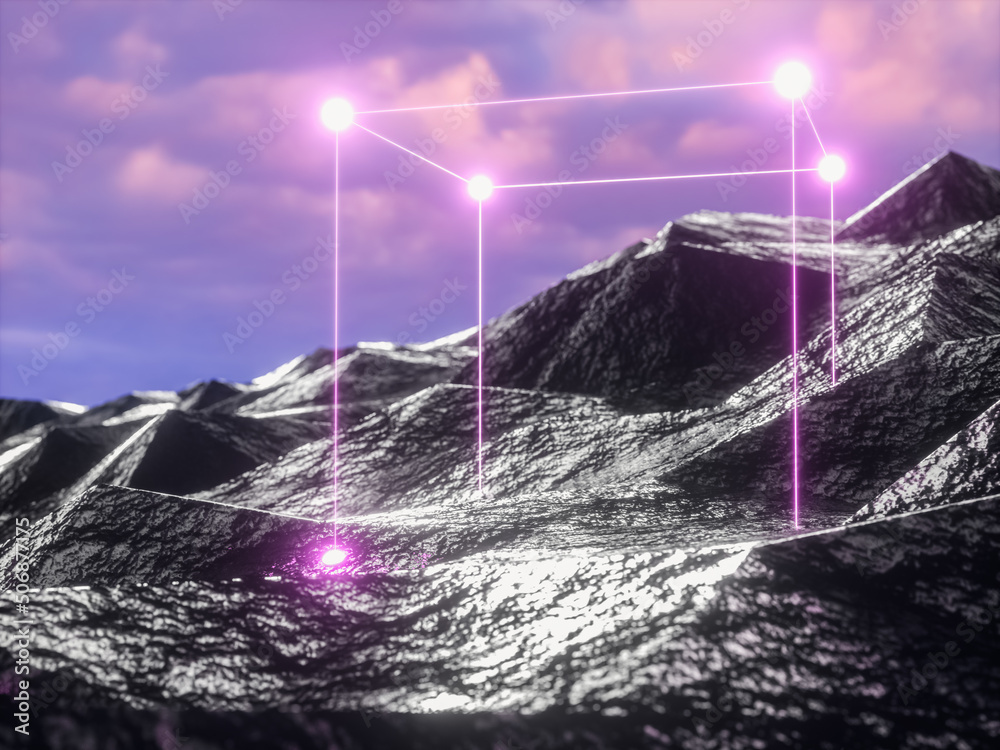 Poster futuristic technology 3d landscape background with geometric wireframe neon light. digital terrain c