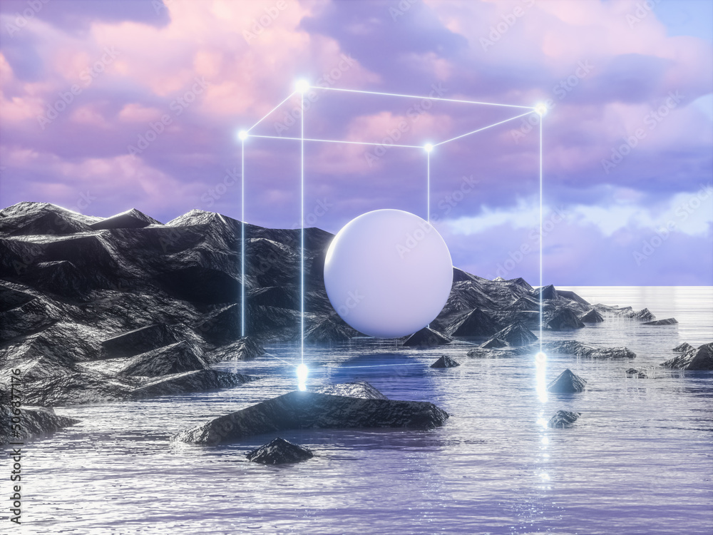 Poster futuristic technology 3d landscape background with geometric wireframe neon light. digital terrain c