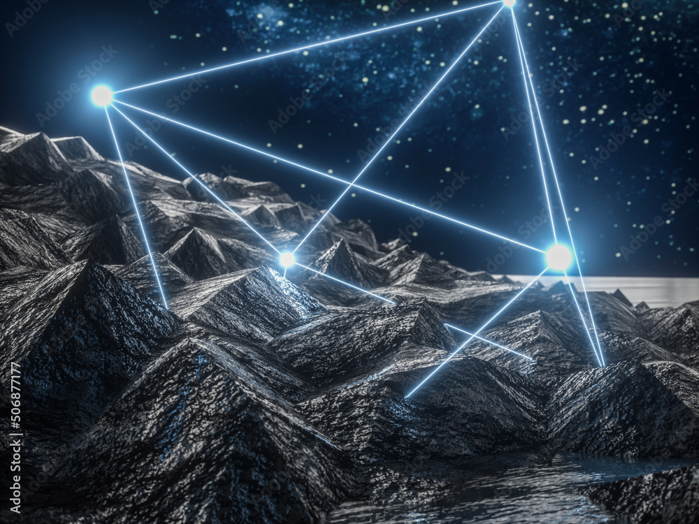 Poster futuristic technology 3d landscape background with geometric wireframe neon light. digital terrain c