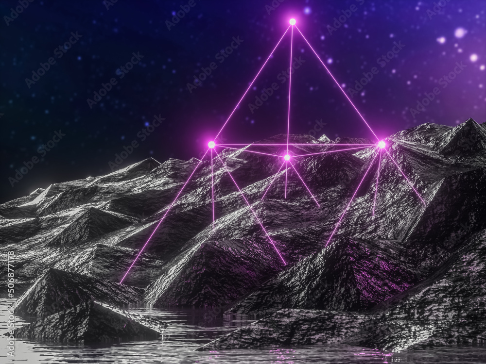 Poster futuristic technology 3d landscape background with geometric wireframe neon light. digital terrain c