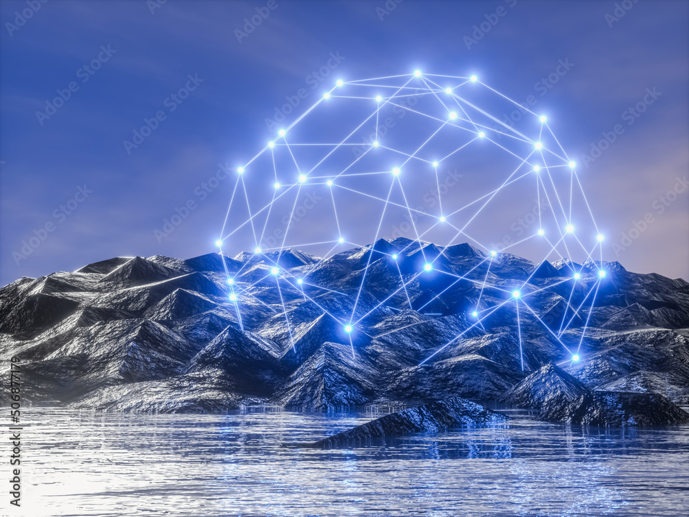 Poster futuristic technology 3d landscape background with geometric wireframe neon light. digital terrain c