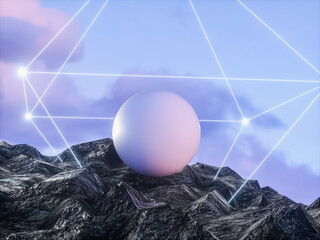 Futuristic technology 3d landscape background with geometric wireframe neon light. Digital Terrain Cyberspace in the Mountains.