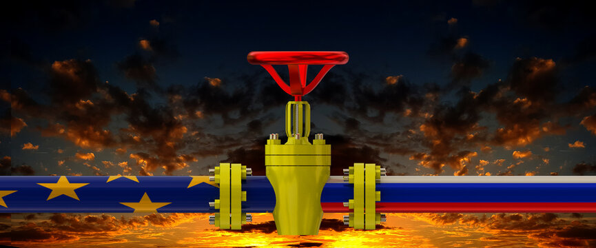 gass pipe with valve russian and european union flags sanctions - 3d renderng
