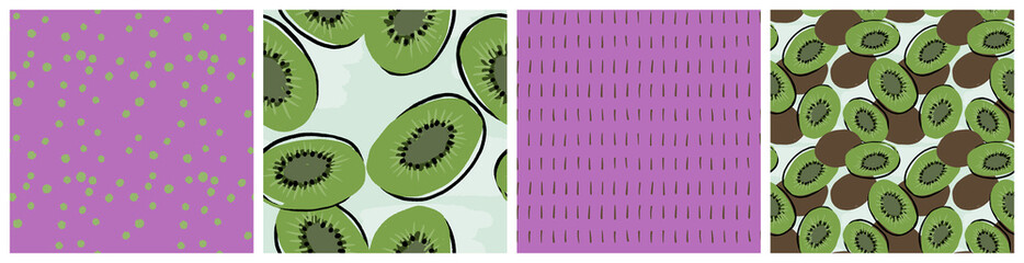 Kiwi seamless pattern colorful set. Abstract berry vector textile print in green and lilac eye catching colors. Trendy hand drawn design for product packaging background or summer fashion fabric.