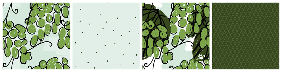 Fototapeta na wymiar Green grape seamless pattern set. Abstract fruit vector textile print in fresh natural colors. Trendy hand drawn design for vine or juice product packaging background or summer fashion fabric.