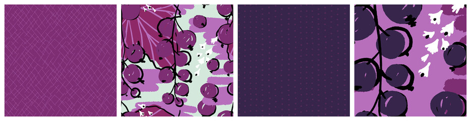 Black currant seamless pattern set. Abstract berry vector textile print in purlpe and lilac colors. Trendy hand drawn design for juice or candy product packaging background or summer fashion fabric.