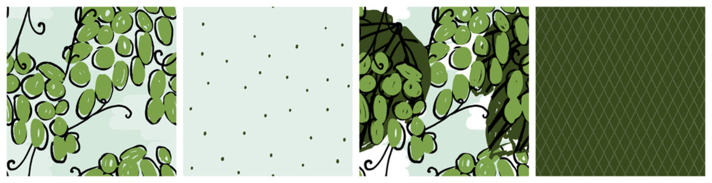 Green grape seamless pattern set. Abstract fruit vector textile print in fresh natural colors. Trendy hand drawn design for vine or juice product packaging background or summer fashion fabric.