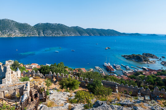  Simena (Kalekoy) ancient ruin castle view with the sea in popular Kekova islands area in Turkey