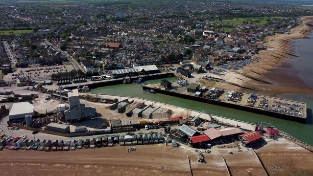 An aerial view of Whitstable Harbour and seafront.