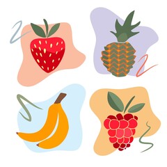 A set of fruits and berries in the style of flat illustrations. Raspberries and strawberries. Banana and pineapple. A fun and cute set of four exotic, plant-based treats.