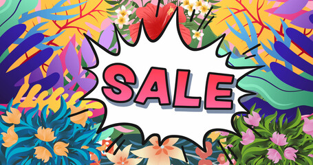 Image of sale text over flowers on pink background