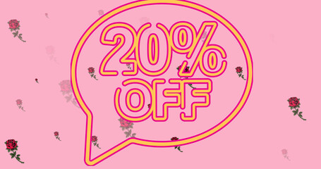 Image of 20 percentage text over flowers on pink background