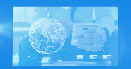 Image of human brain spinning and medical data processing on blue background