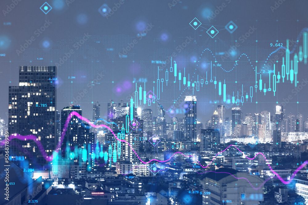 Aufkleber double exposure with digital financial stock market chart on technology abstract background and nigh