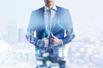 Stock market and investing concept with double exposure of businessman on city background and...