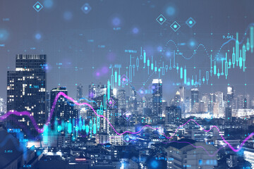 Double exposure with digital financial stock market chart on technology abstract background and night city skyline