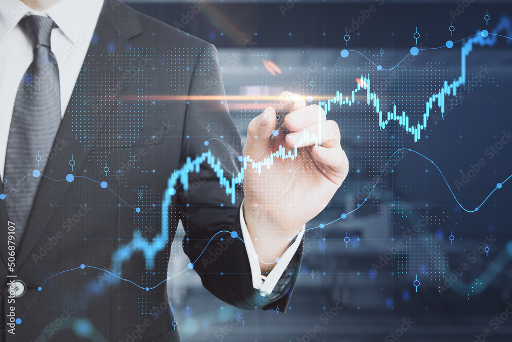 Poster business investment and stock market analyzing concept with businessman in black suit touching virtu