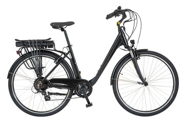Fototapeta na wymiar Modern, stylish, sports city bike in black for travel and outdoor activities on an isolated white background