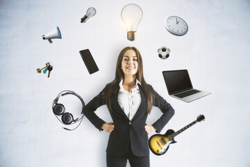 Successful and proud businesswoman on white background with light bulbs, watch, laptop, keys and...