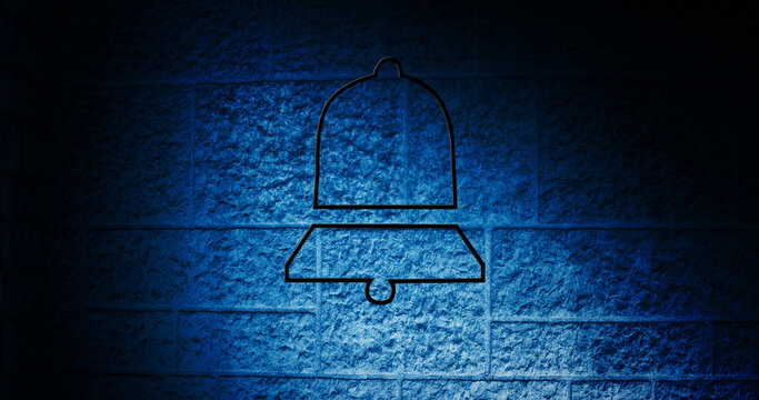 Image of glowing neon bell icon on brick wall