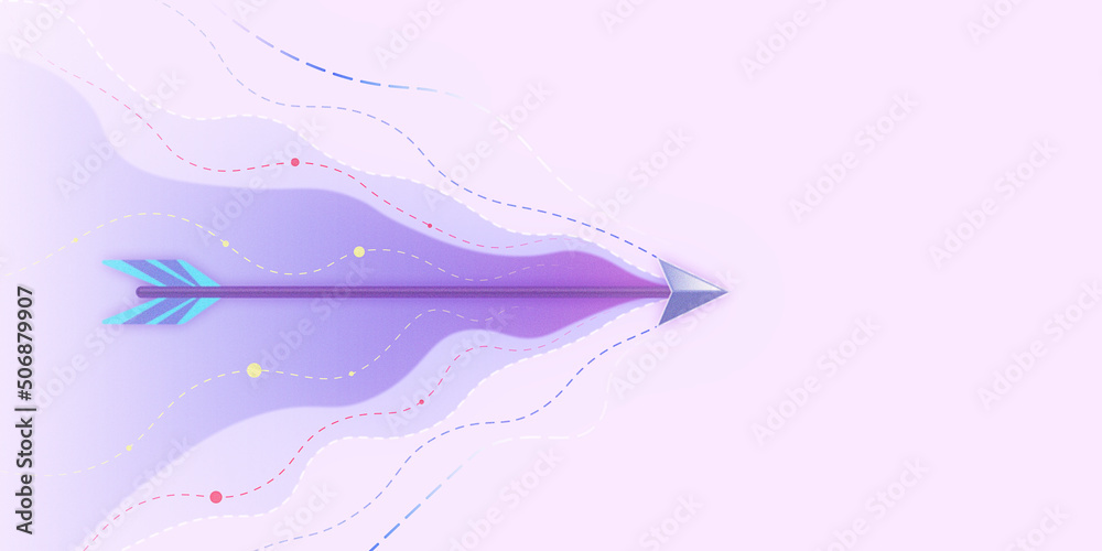 Aufkleber goal target concept with purple shades flying arrow leaving a trail of lines on abstract background.