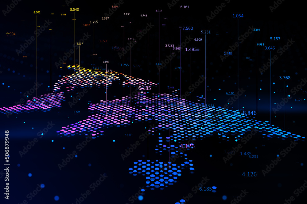 Aufkleber Global stats and big data concept with digital graphic colourful dotted world map and indicators on abstract dark background, greed for landing page. 3D rendering