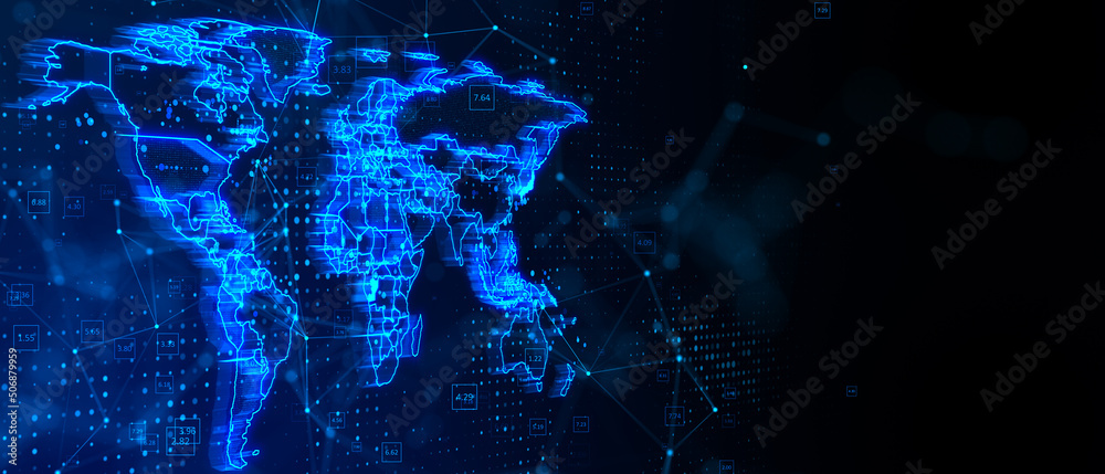 Poster Blank dark technological background with copyspace for your text and abstract digital graphic world map with glowing contour line. 3D rendering, mock up