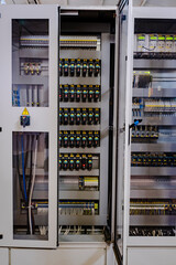 Factory Electric control panel enclosure for power and distribution electricity. Uninterrupted, electrical voltage.