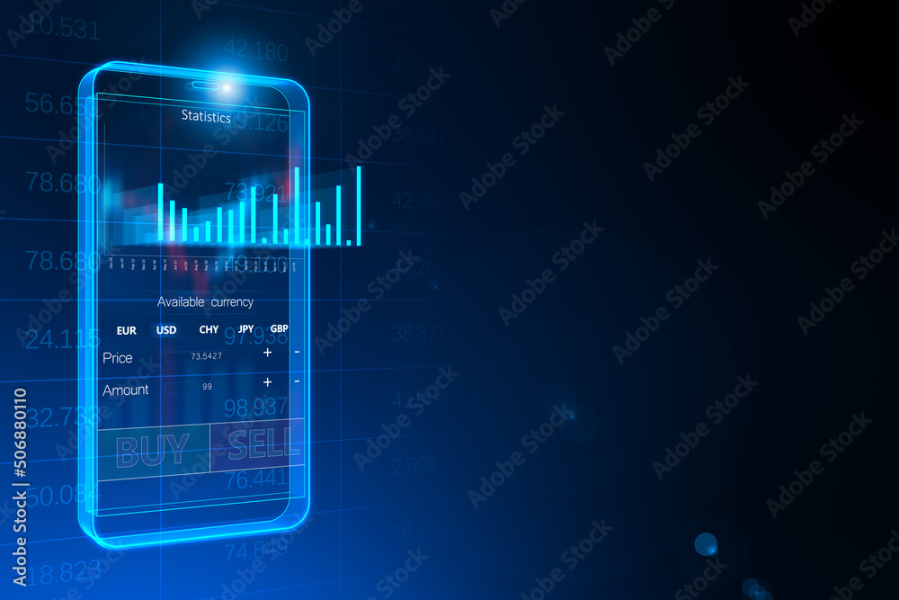Poster Online trading concept with mobile device or smartphone and digital financial stock market indicators and candlestick on abstract dark background with copyspace for your text. 3D rendering, mock up