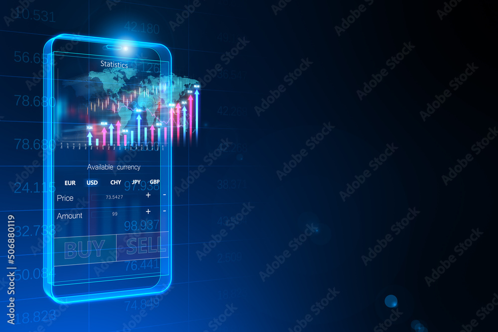 Poster global market and trading online concept with blank dark backdrop and digital glowing smartphone lay